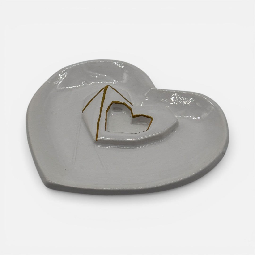Bomboniera Piattino Cuore in Ceramica Bianco e Oro - A125