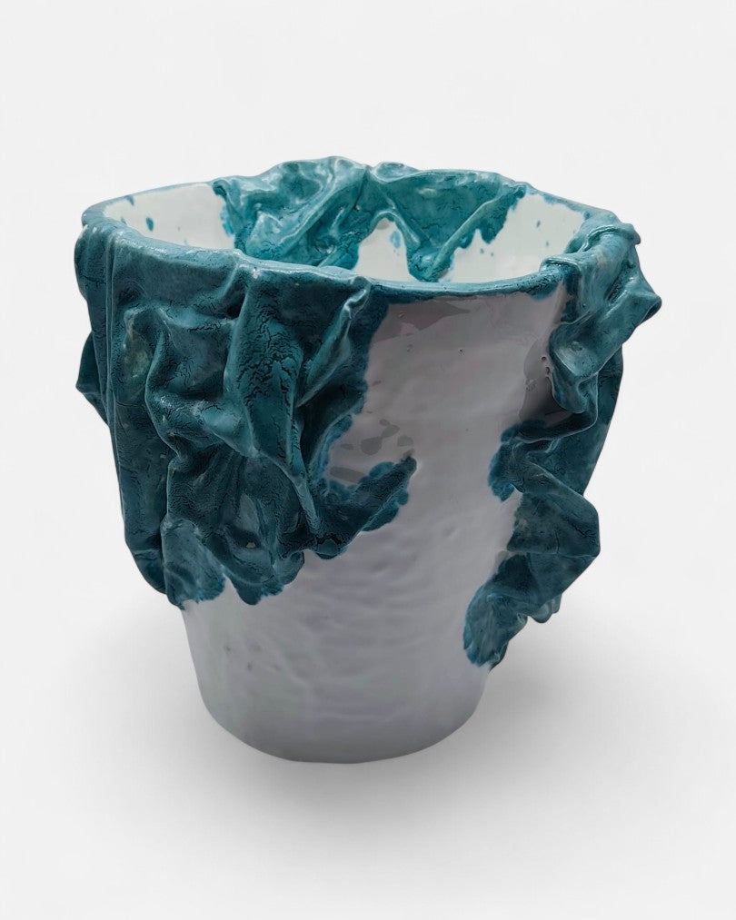 Vaso in Ceramica Artistica con Effetto Drappeggio Turchese - A48