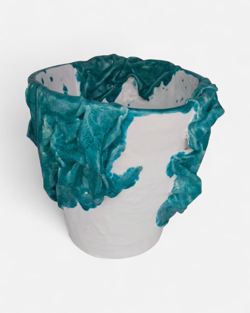 Vaso in Ceramica Artistica con Effetto Drappeggio Turchese - A48