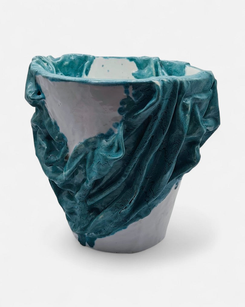Vaso in Ceramica Artistica con Effetto Drappeggio Turchese - A48