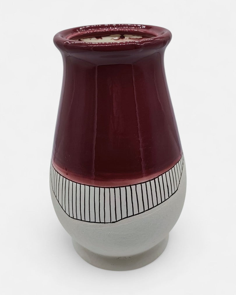 Vaso in Ceramica Artigianale Bordeaux e Bianco con Decoro a Linee - A50