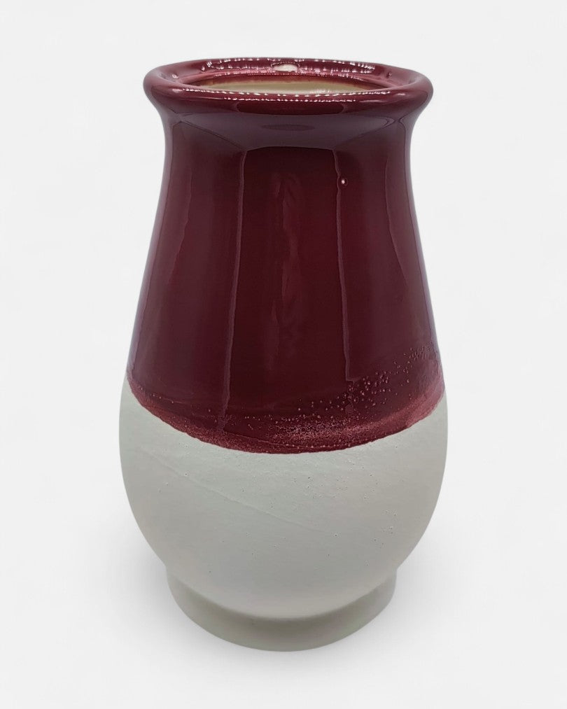 Vaso in Ceramica Artigianale Bordeaux e Bianco con Decoro a Linee - A50